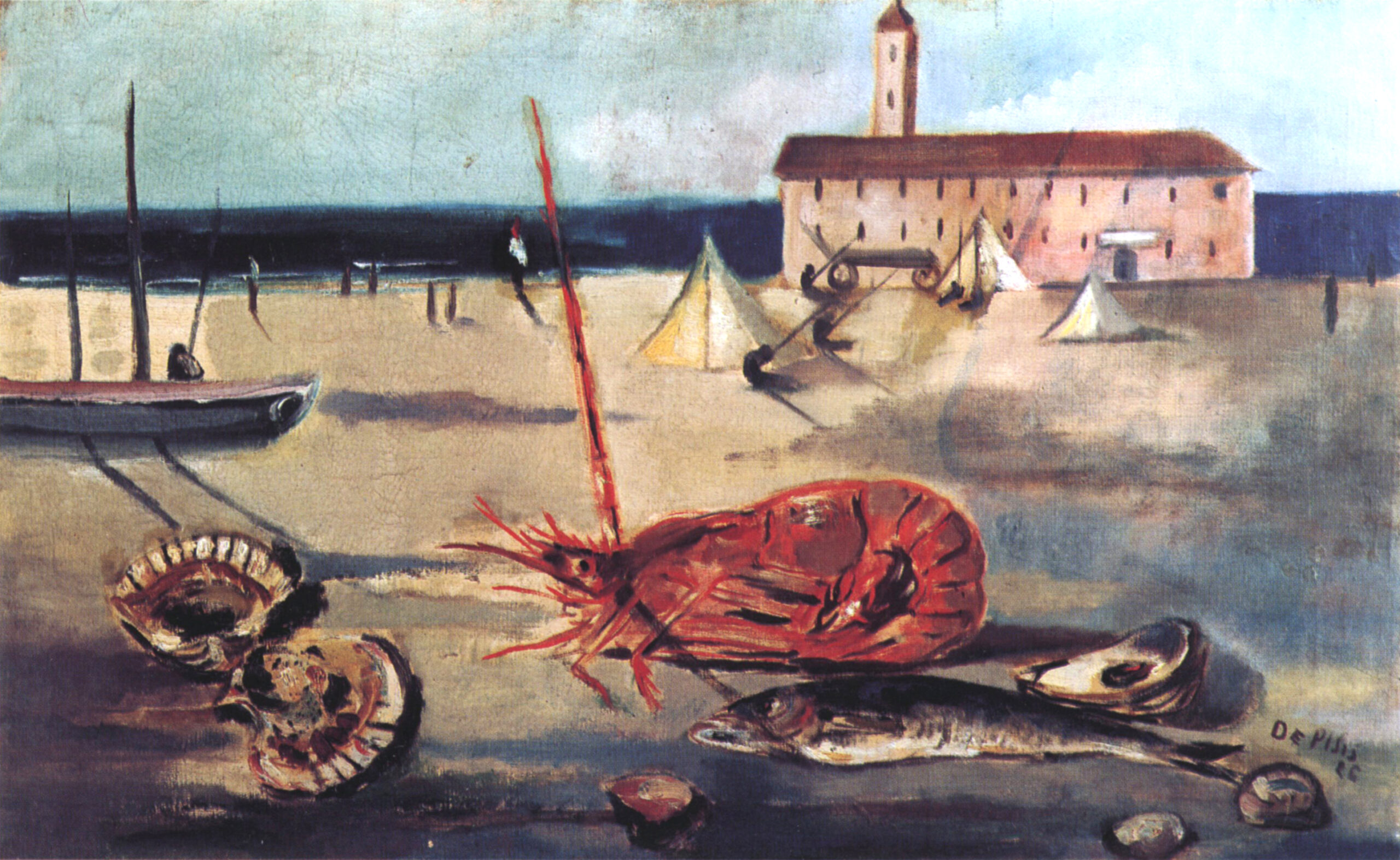 Filippo de Pisis Natura morta marina con aragosta (Marina con aragosta), 1926 olio su tela 56 x 88 cm
