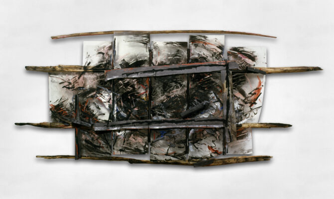 Marco Gastini - Qui, là, altrove, 1987 mixed media and charcoal on glass, iron and wood 145 x 320 x 14 cm