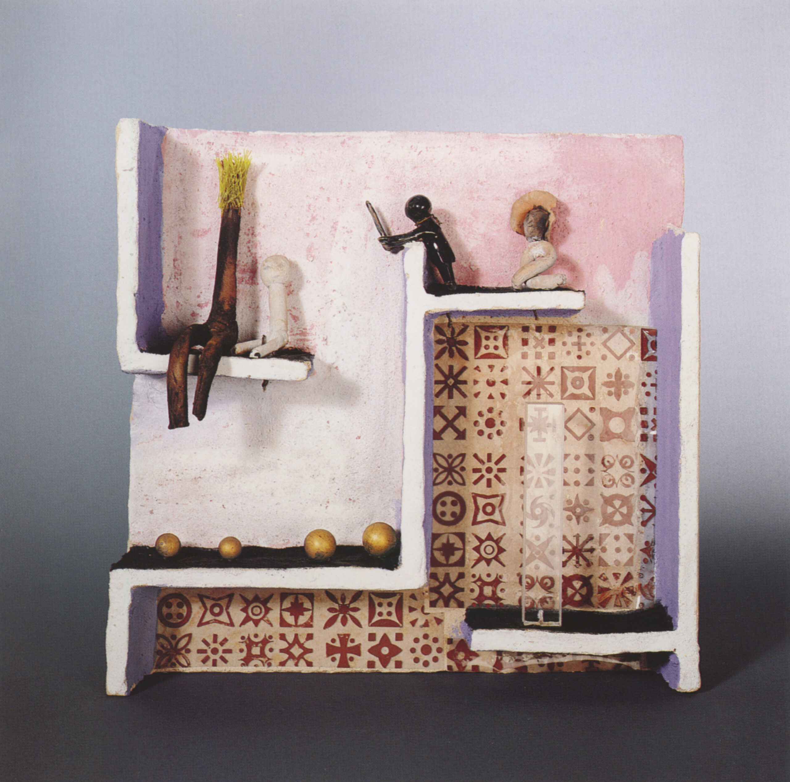 Fausto Melotti Il re negro e i nani, 1981 terrecotte dipinte, maiolica, ottone, plastica, plexiglas 32,5 x 33,2 x 7 cm