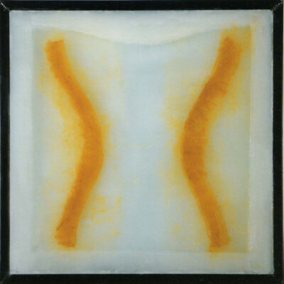 Gregorio Botta - Senza titolo, 2001 wax, paper and pigment on glass, iron 80 x 80 cm