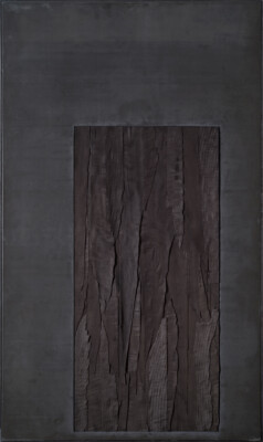 Nunzio Di Stefano - Senza titolo, 1991 piombo e legno combusto su tavola 114,5 x 67,5 cm